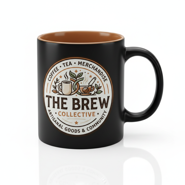 The Brew Collective gift card design on a stylish black mug for coffee and tea lovers.