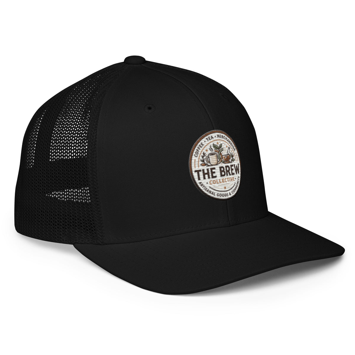 The Brew Collective trucker cap in black with logo, perfect for coffee lovers and casual style.