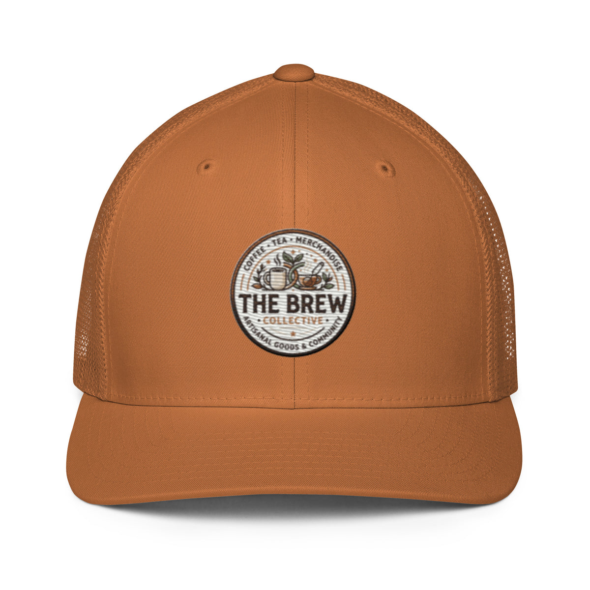The Brew Collective trucker cap in orange with logo showcasing coffee and brewing accessories.