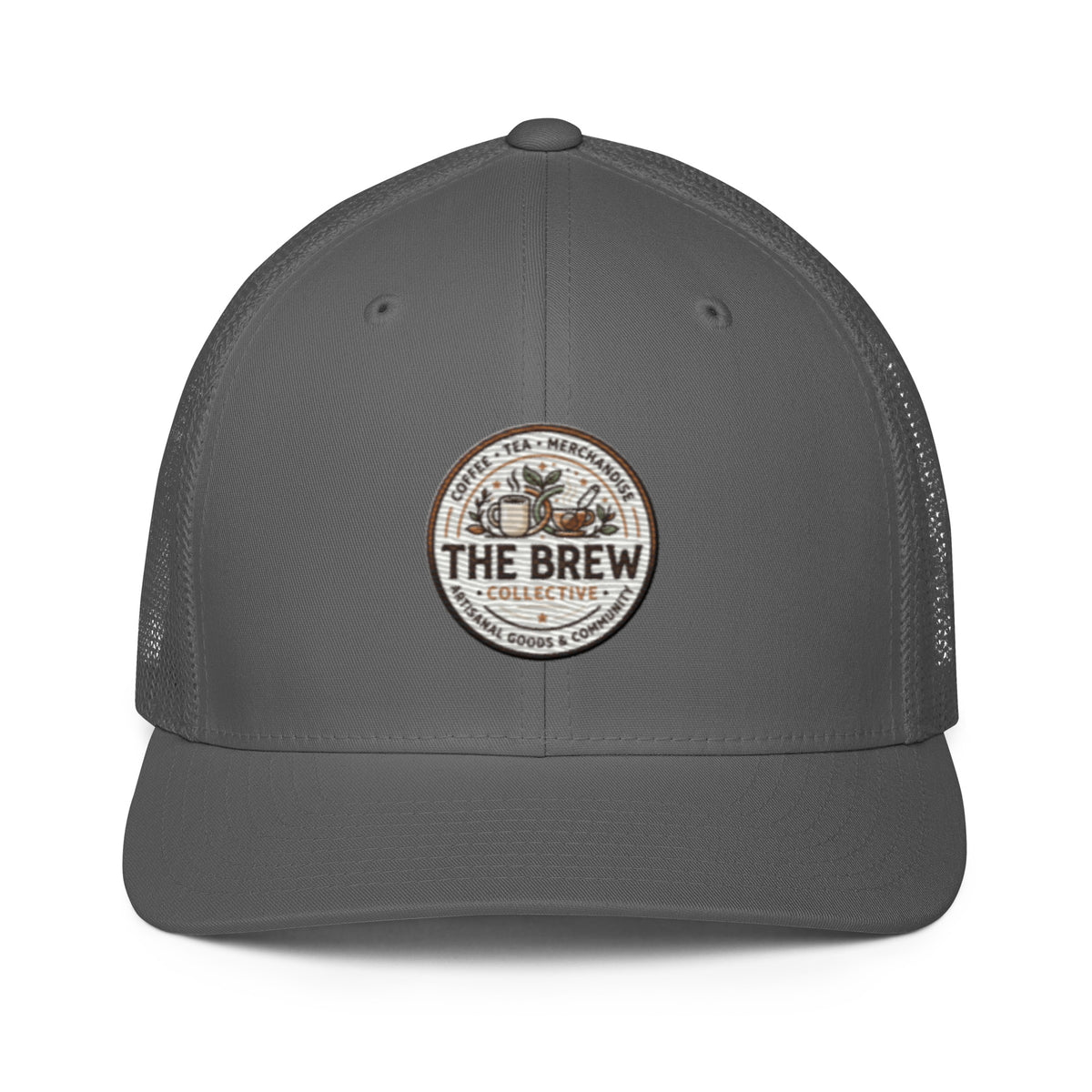 The Brew Collective trucker cap in gray with mesh back and round logo design for coffee enthusiasts.