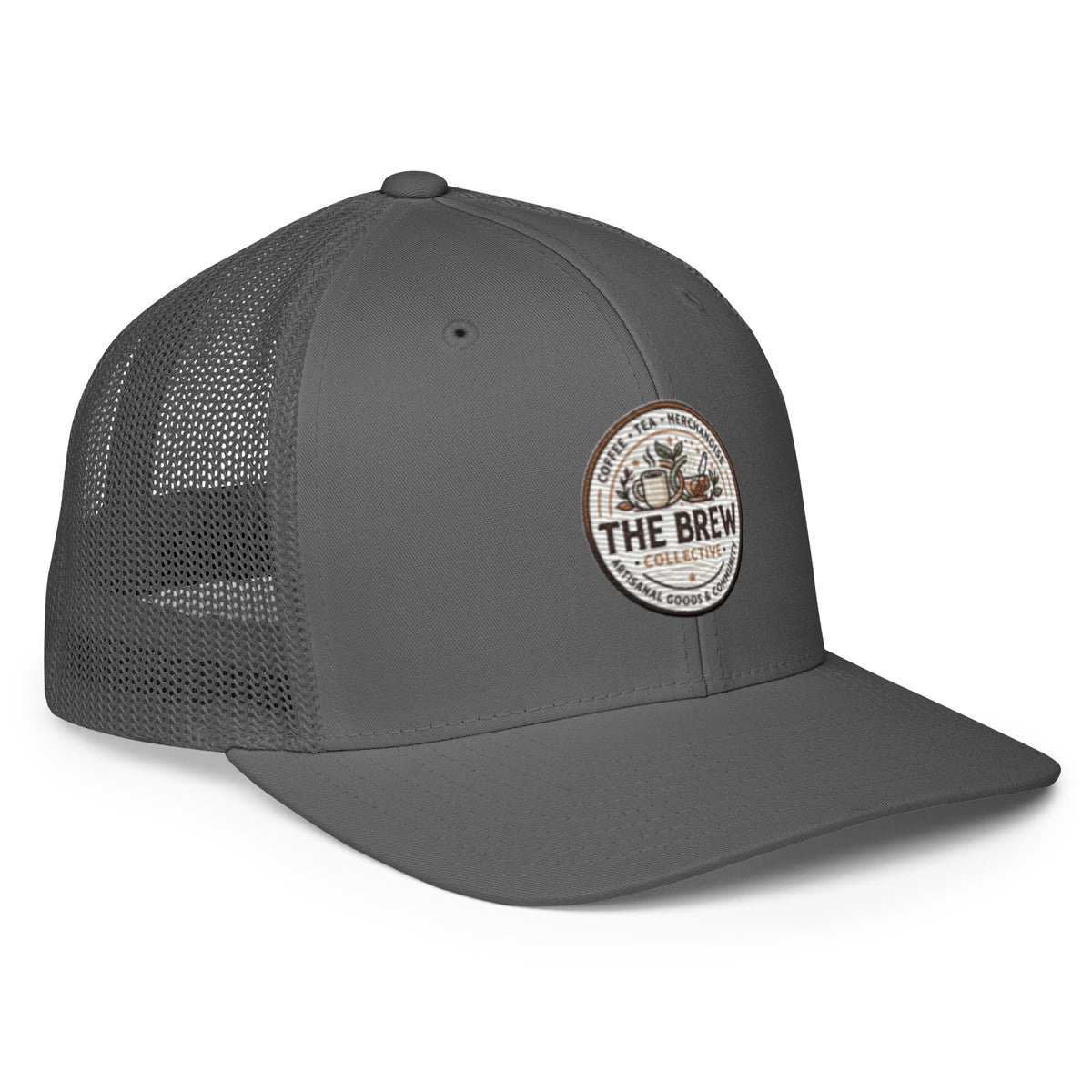 The Brew Collective trucker cap in gray with mesh back and round logo design for coffee enthusiasts.