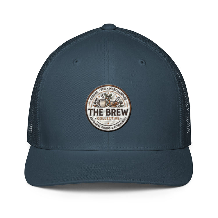 The Brew Collective trucker cap in navy blue with a logo, perfect for coffee lovers and casual wear.