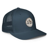 The Brew Collective trucker cap in gray with mesh back and round logo design for coffee enthusiasts.