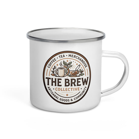 The Brew Collective enamel mug featuring a stylish design for coffee and tea lovers.