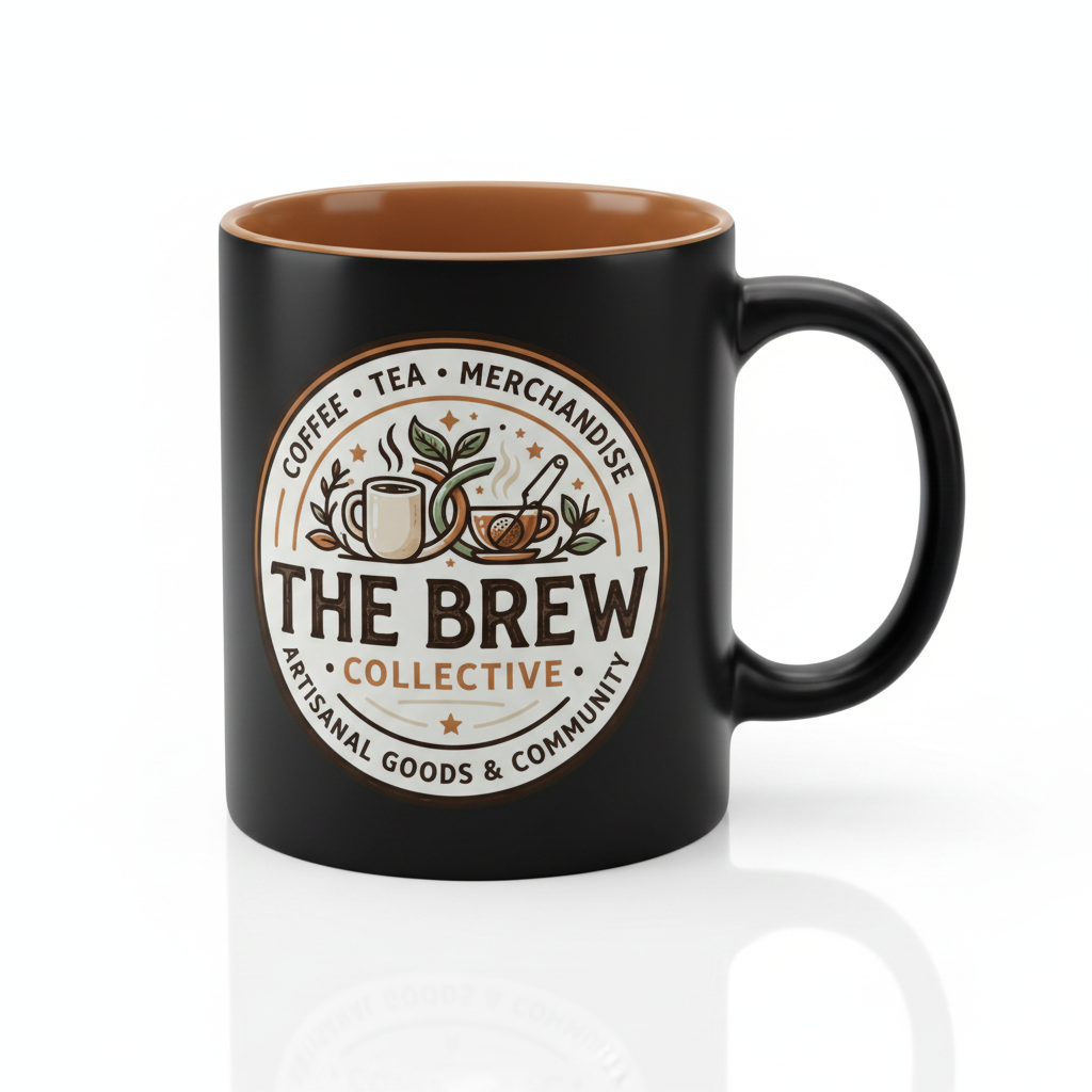 The Brew Collective gift card design on a stylish black mug for coffee and tea lovers.
