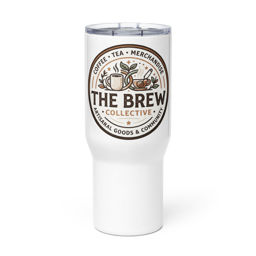 The Brew Collective travel mug with logo, designed for hot beverages like coffee and tea.