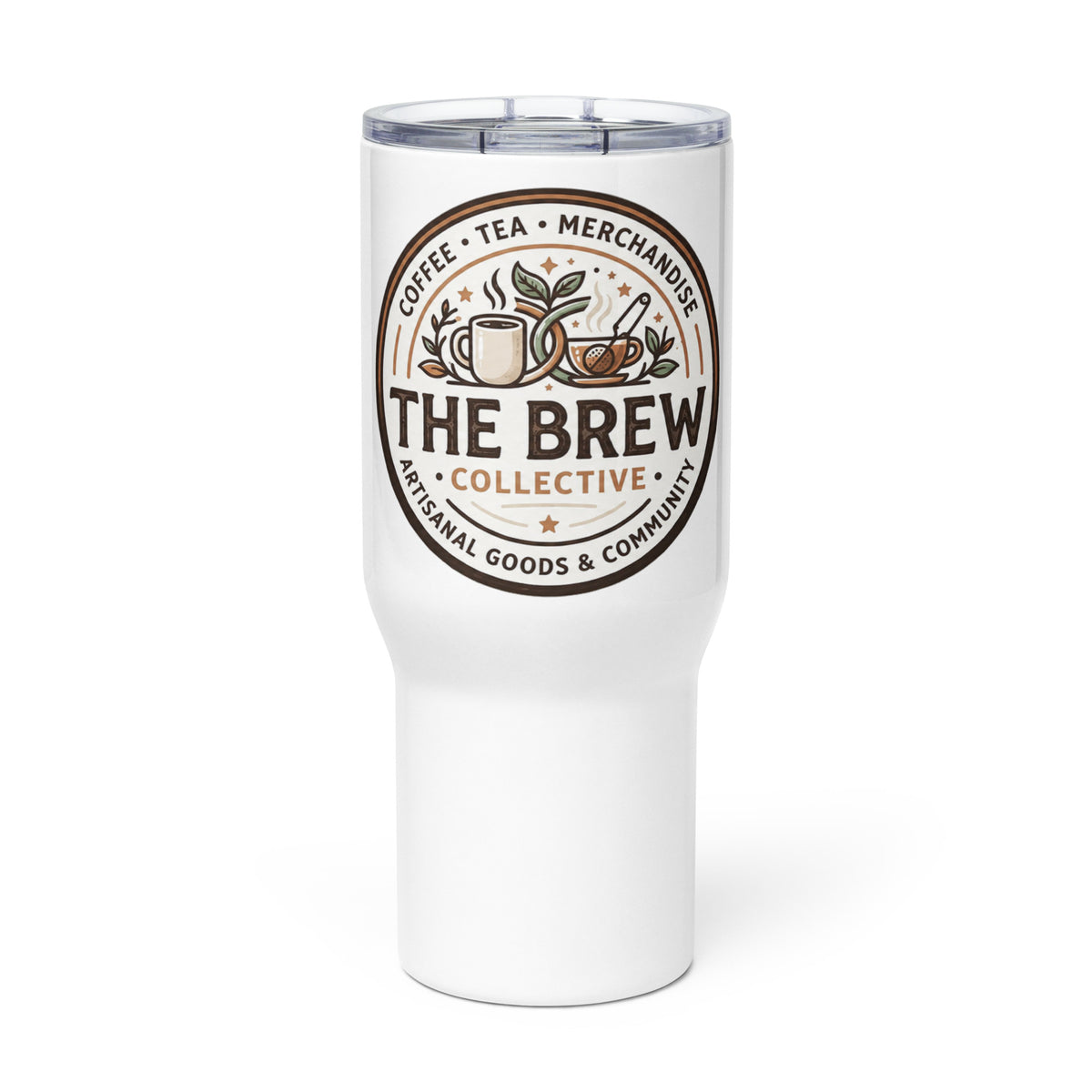 The Brew Collective travel mug with logo, designed for hot beverages like coffee and tea.