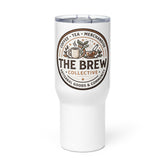 The Brew Collective travel mug with logo, designed for hot beverages like coffee and tea.