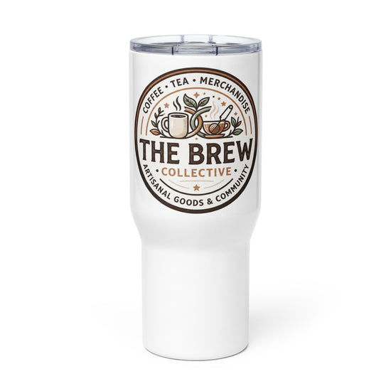 The Brew Collective travel mug with logo, designed for hot beverages like coffee and tea.