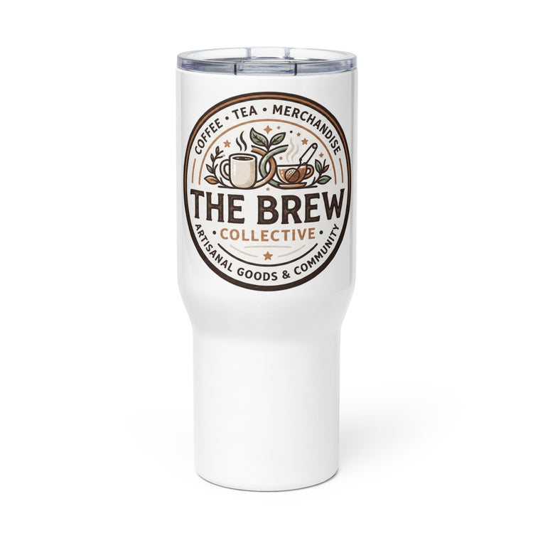 The Brew Collective travel mug with logo, designed for hot beverages like coffee and tea.