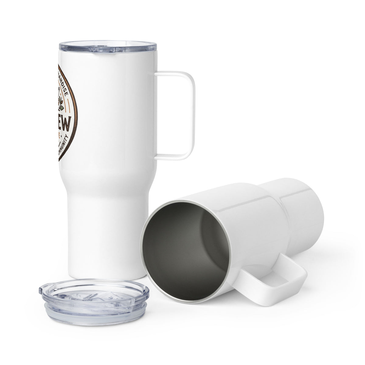 The Brew Collective travel mug shown in white, featuring a handle and a clear lid, perfect for beverages on the go.