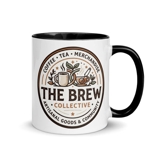 The Brew Collective mug with color inside showcasing logo and stylish design for coffee and tea lovers.