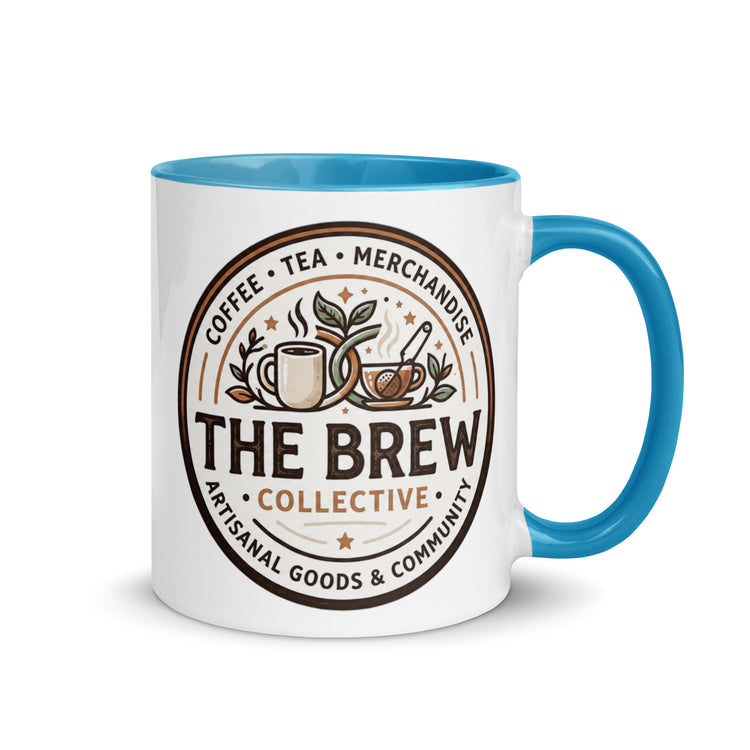 The Brew Collective mug with color inside, featuring a blue interior and artisan design for coffee and tea.