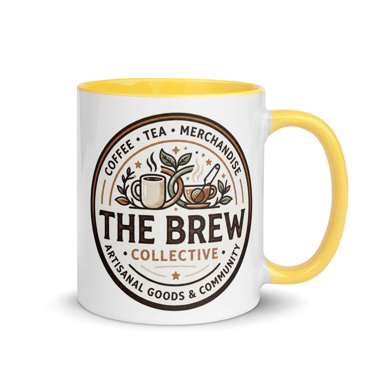 The Brew Collective mug with color inside showcasing a vibrant yellow interior, perfect for coffee and tea.