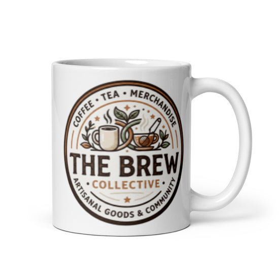 The Brew Collective white glossy mug featuring artistic coffee and tea logo design for beverages.