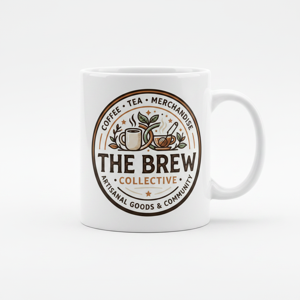The Brew Collective gift card design on a white coffee mug featuring coffee and tea graphics.