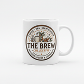 The Brew Collective gift card design on a white coffee mug featuring coffee and tea graphics.