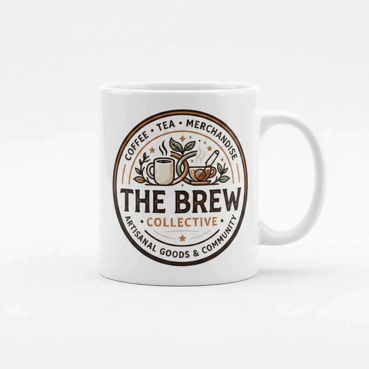 The Brew Collective gift card design on a white coffee mug featuring coffee and tea graphics.